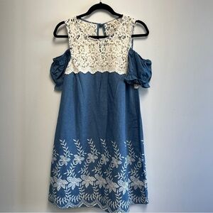 GANJI Blue Soft Chambray Off Shoulder Denim and Ivory Lace Midi Dress